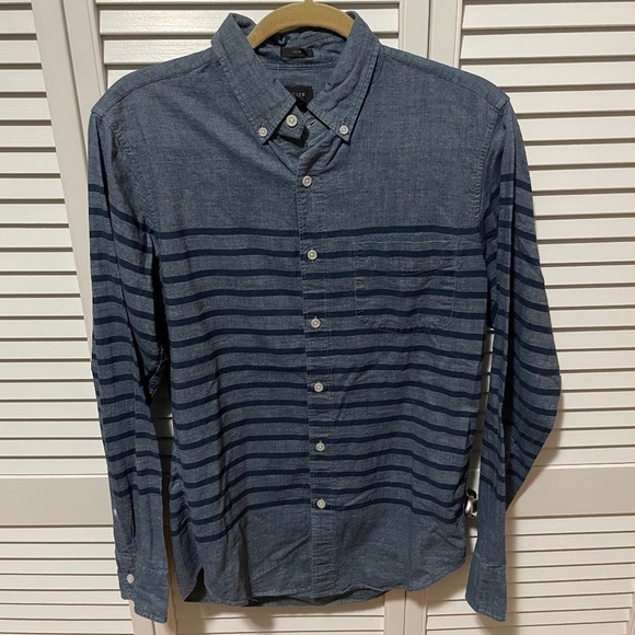 J. Crew Nautical Stripe Blue Chambray Cotton Shirt in Size Small Slim Fit - Picture 3 of 7